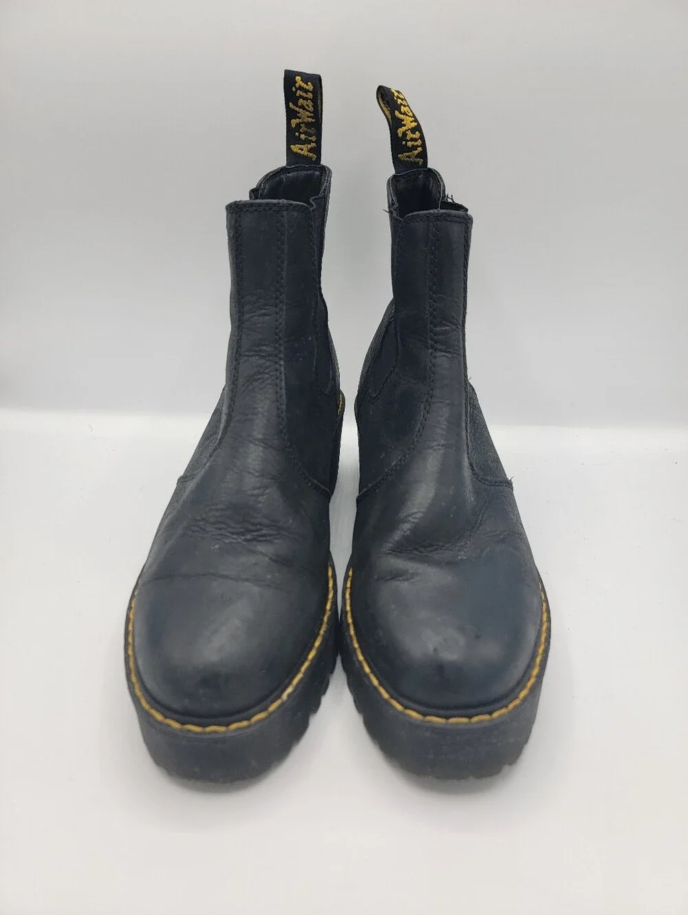 Dr. Martens Rometty Black Platform Chelsea Boots with Yellow Stitching